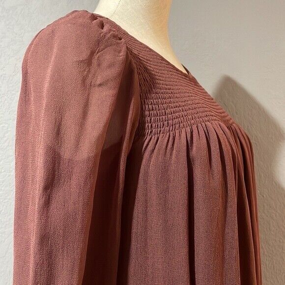 Wilfred Aritzia Babydoll Smocked Mini Dress size S Burgundy Crew Neck - Picture 4 of 13